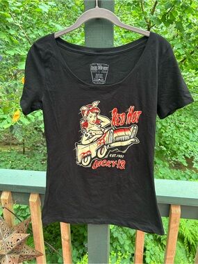 Lucky 13 "Red Hot" Pinup Graphic Tee - Black with Red & Cream Print